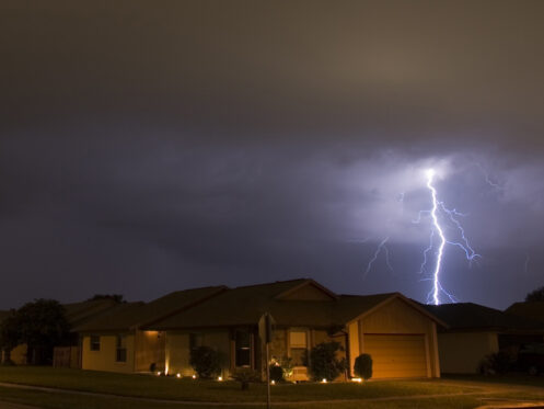 Lightning strike near a residential neighborhood
